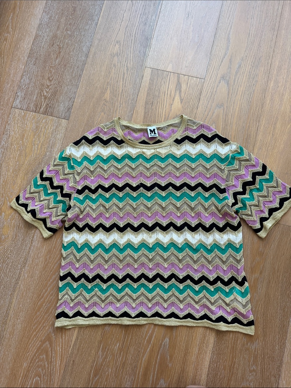 Missoni Chevron Knit Short Sleeve Top in Gold, Green, Purple, Black, Cream